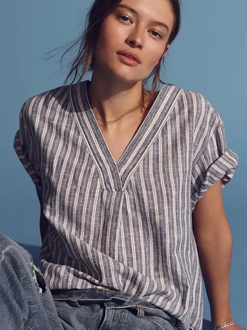 Anthropologie Pilcro Blue & White Striped V-Neck Blouse Linen/Cotton Blend Med